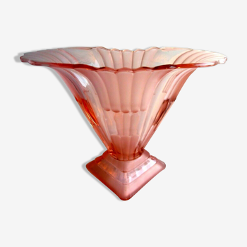 Large fan vase, glass, bright pink and frosted, Art Deco