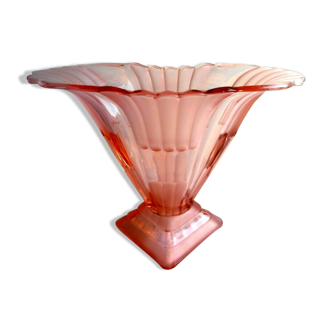 Large fan vase, glass, bright pink and frosted, Art Deco