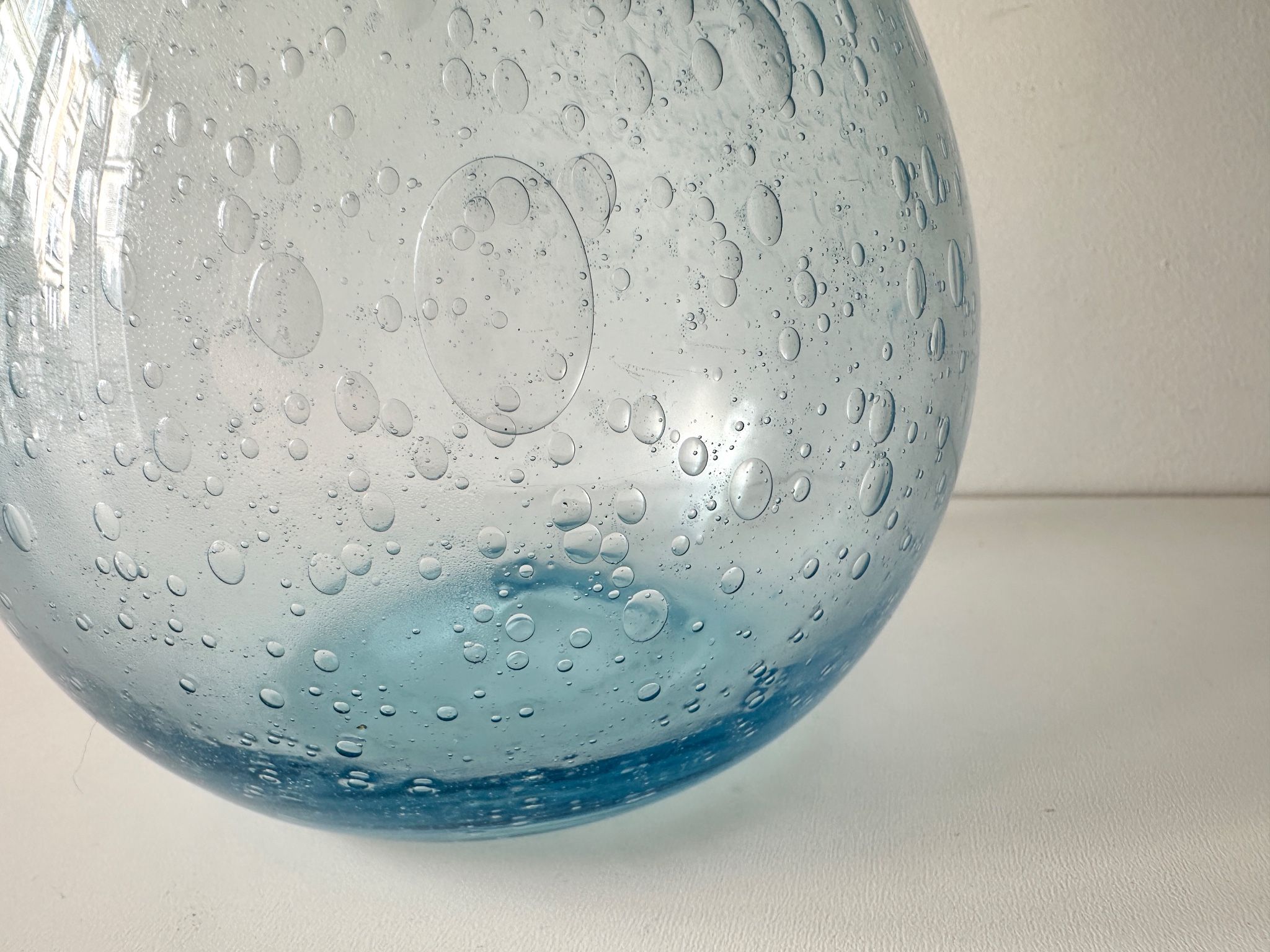 Vintage 1960s blue bubble glass BIOT carafe