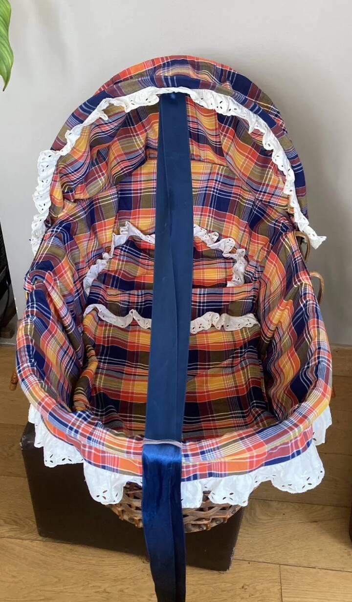 1970s wicker rattan portable bassinet cradle complete with bedding