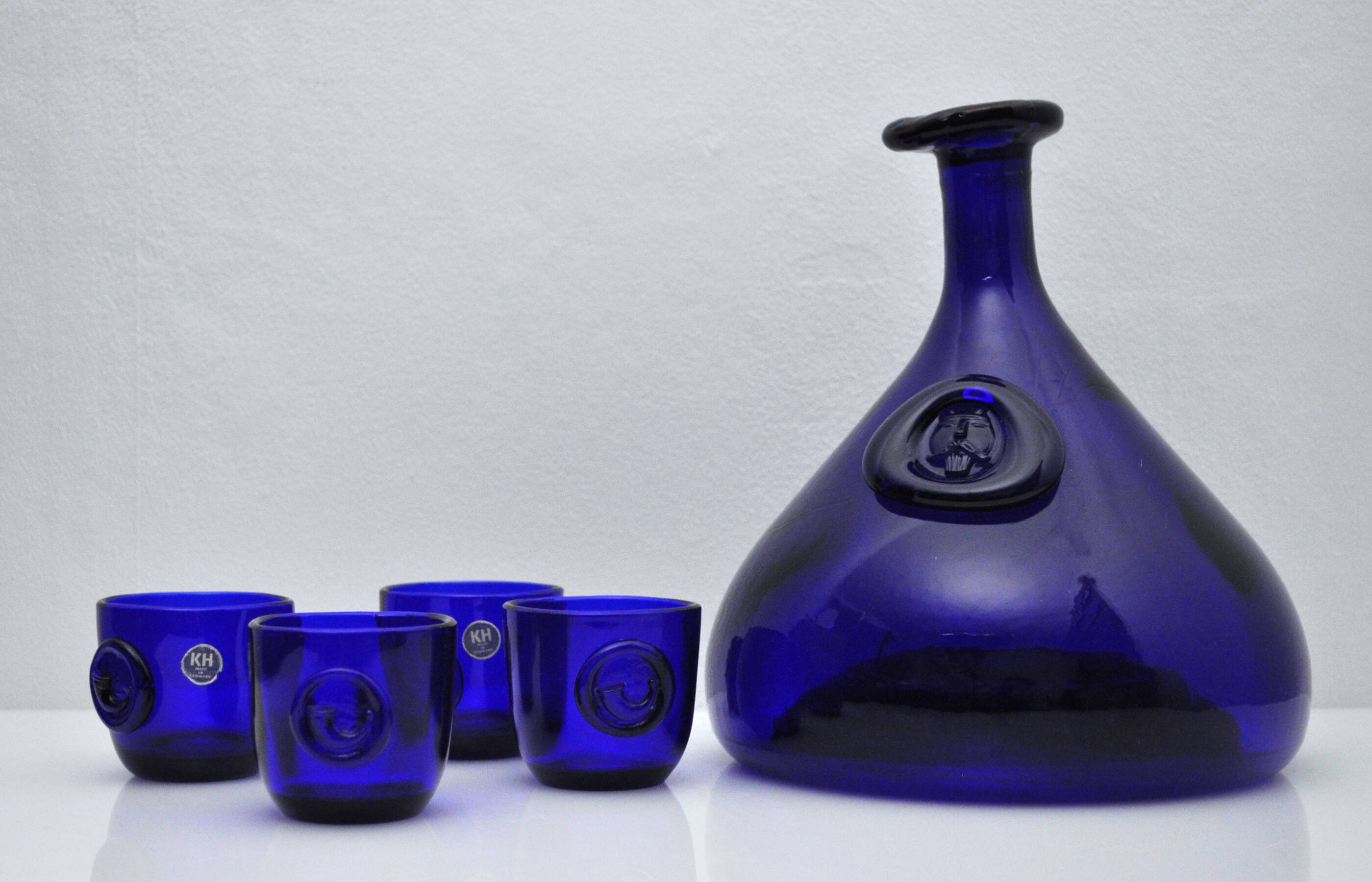 Cobalt Blue Viking Decanter and Cups, Holmegaard Glasværk, 1962