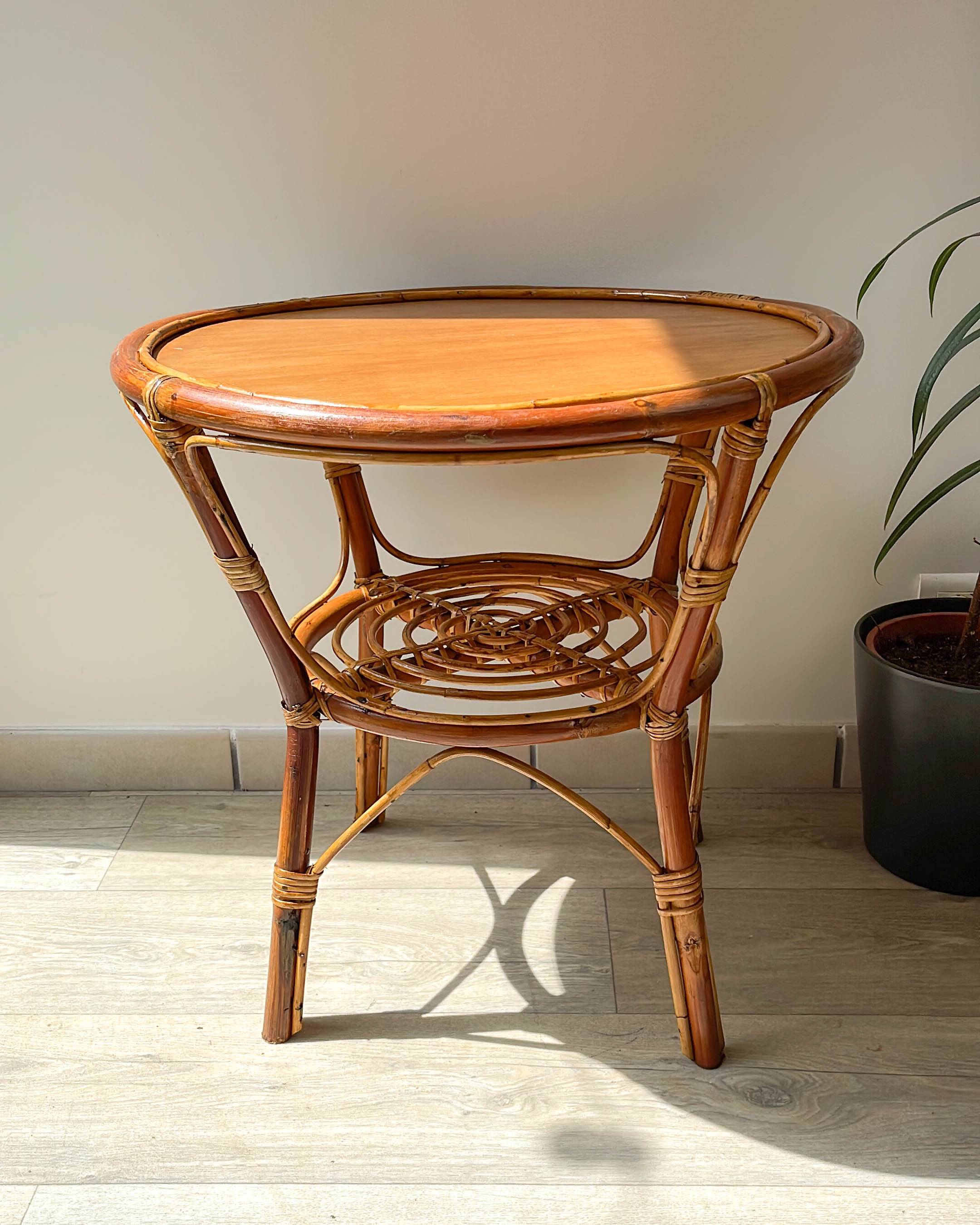 Vintage round rattan coffee table 1970