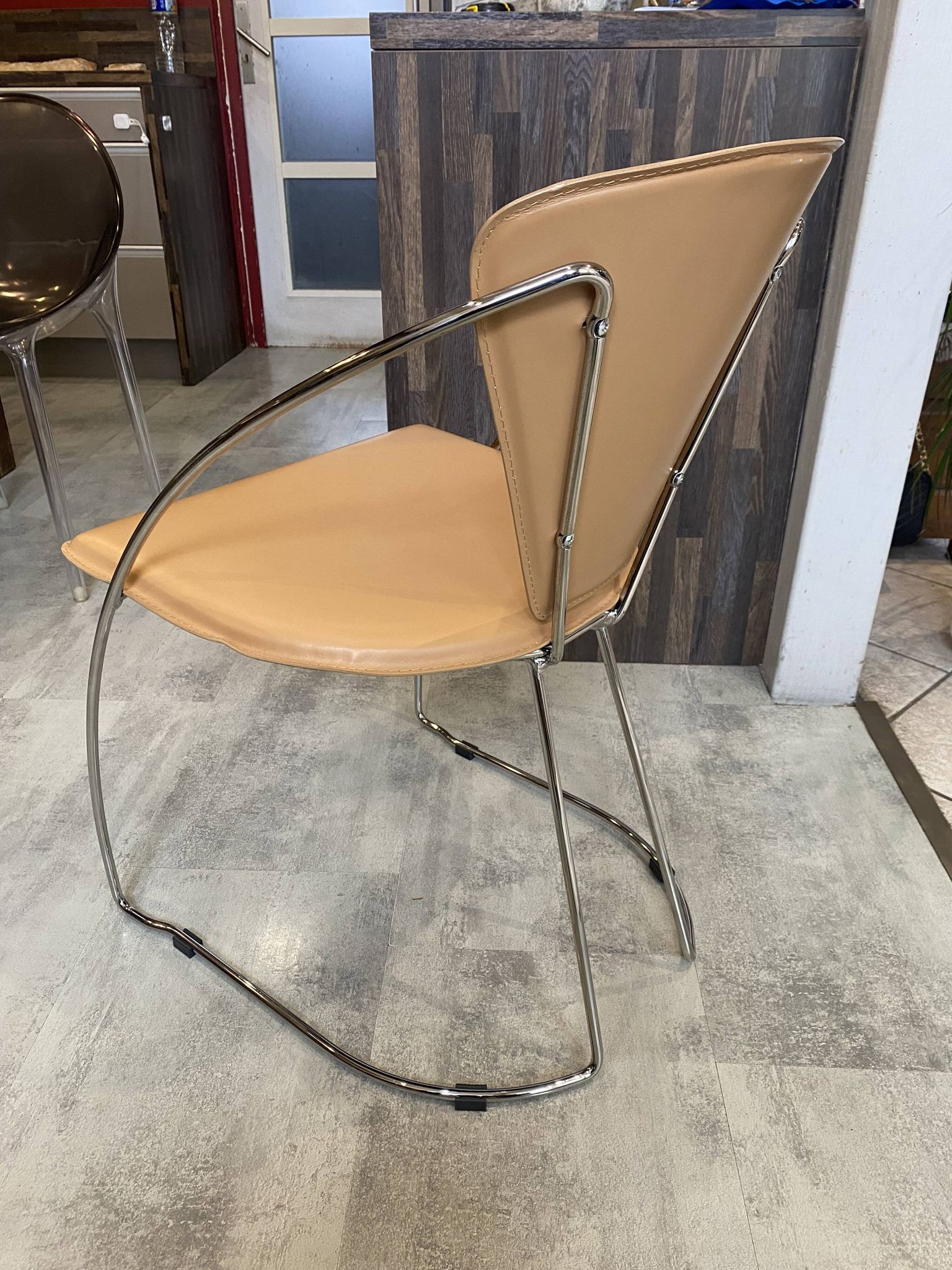 1 Linda armchair chair by Arrben in camel brown leather with a chrome steel frame.