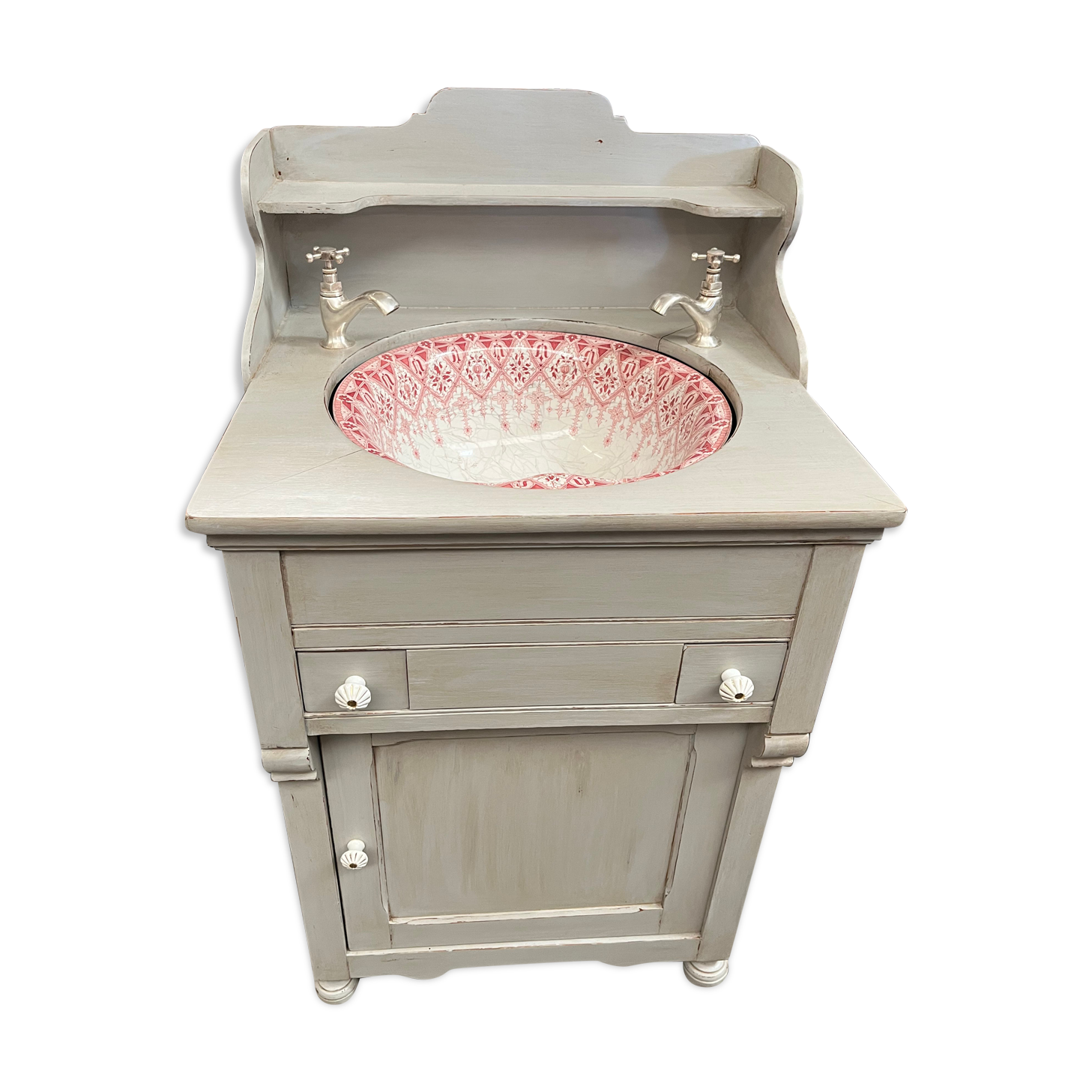 Old vanity unit in patinated wood gray basin earthenware rocker bathroom