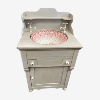 Old vanity unit in patinated wood gray basin earthenware rocker bathroom