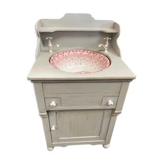 Old vanity unit in patinated wood gray basin earthenware rocker bathroom