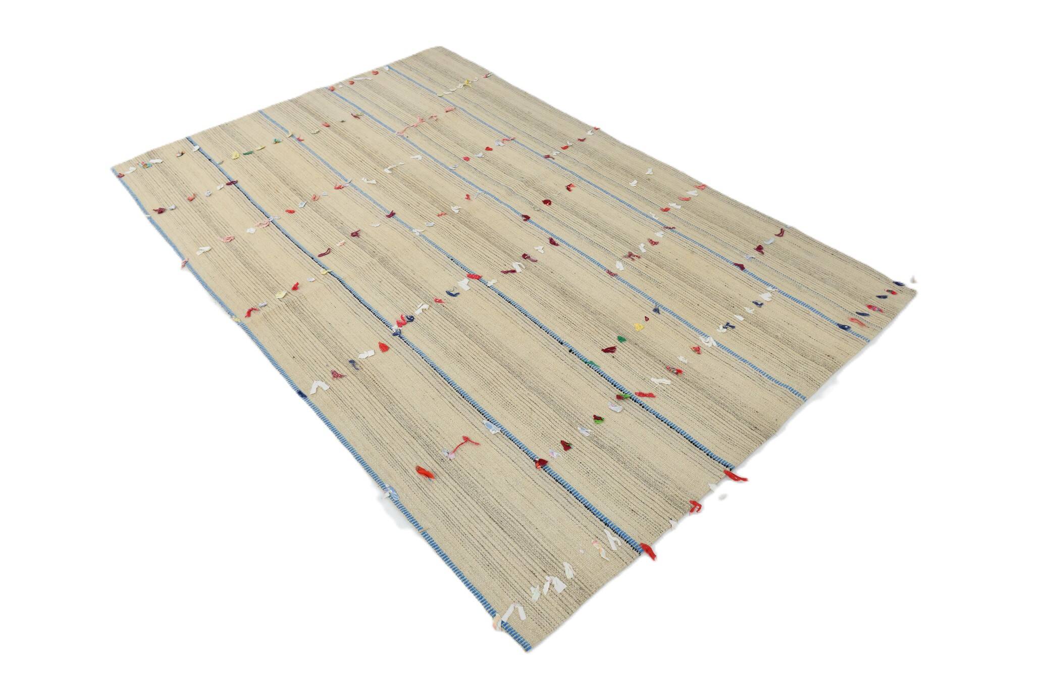 5x8 Turkish Mid Century Modern Cream & Brown Kilim Rug, 151x230Cm