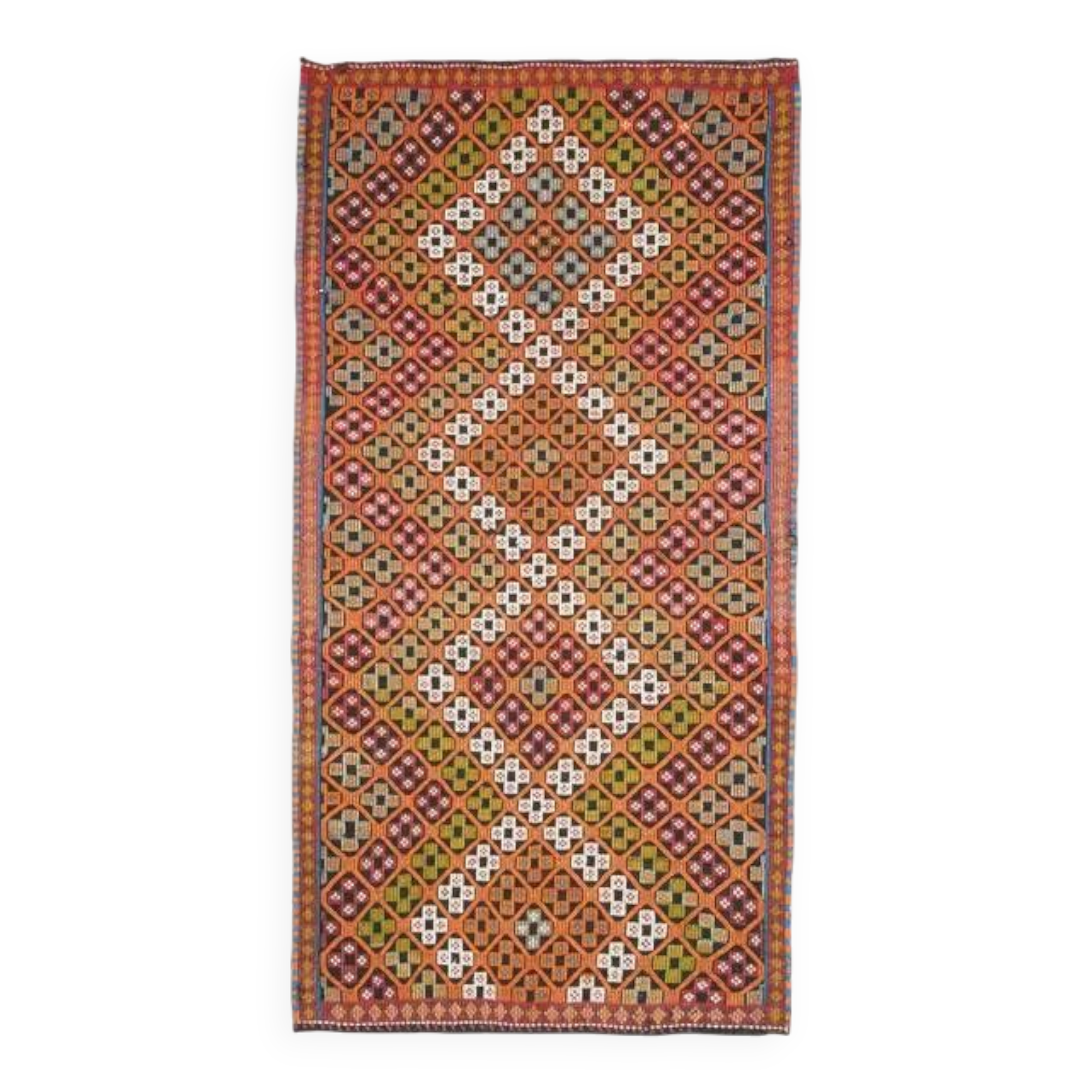 1970s Vintage Turkish Oushak Handmade Wool Cotton Orange Area Rug 179x353