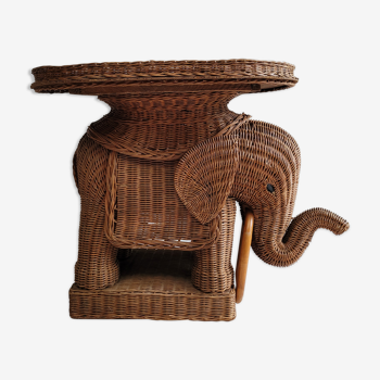 Table basse elephant rotin et osier vintage