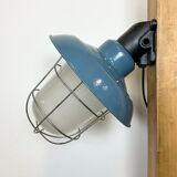 Industrial Blue Painted Factory Wall Cage Lamp from Elektrosvit, 1960s