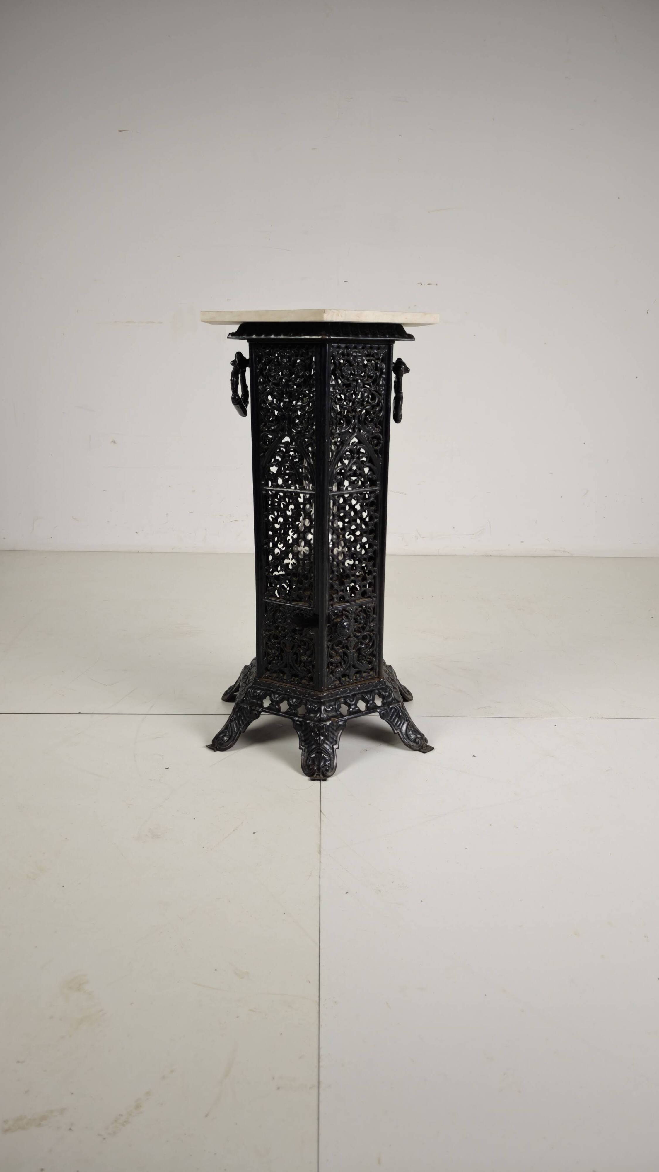 Orientalist Cast Iron side table with Marble Top, late 19th Century