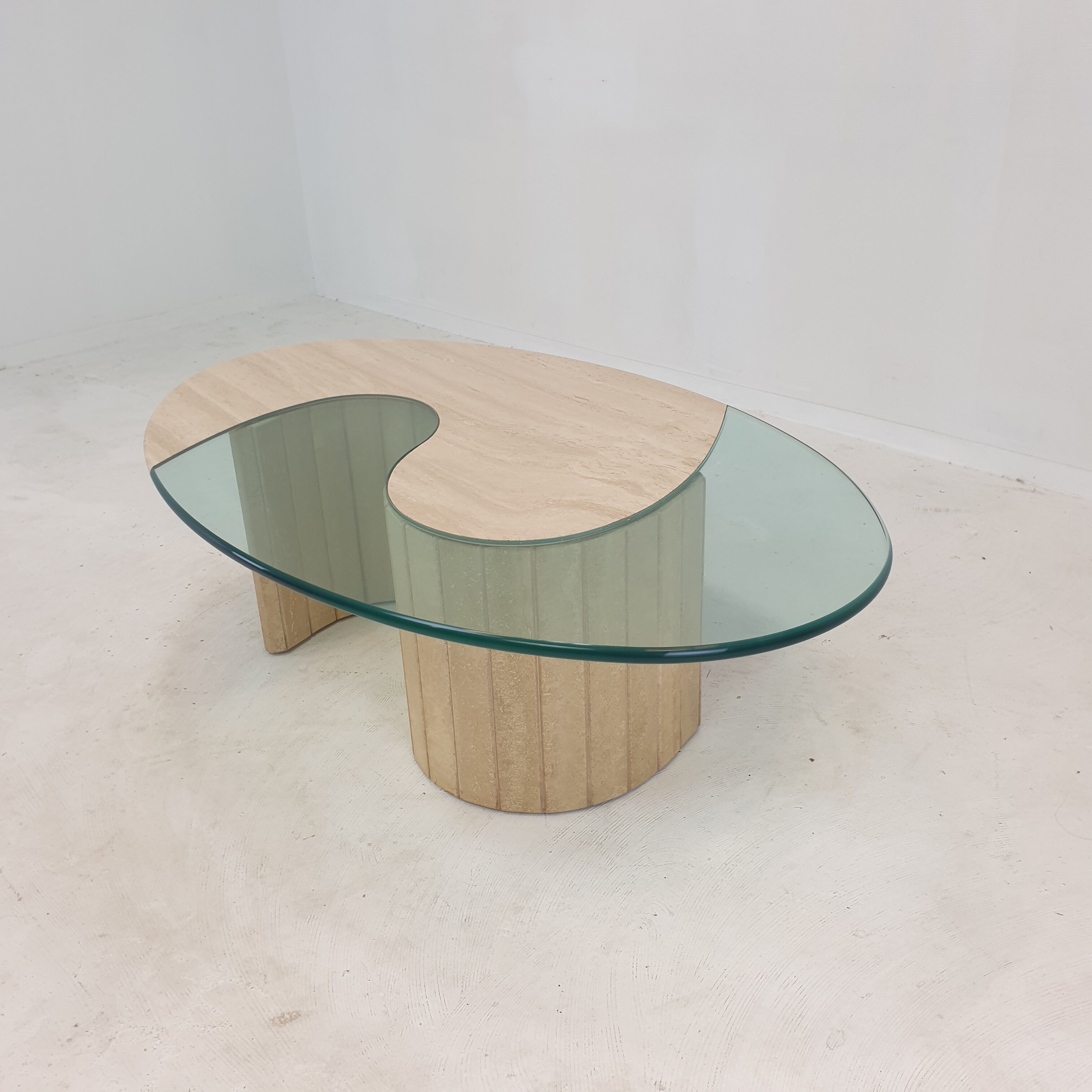 Italian travertine and glass coffee table, 1980's