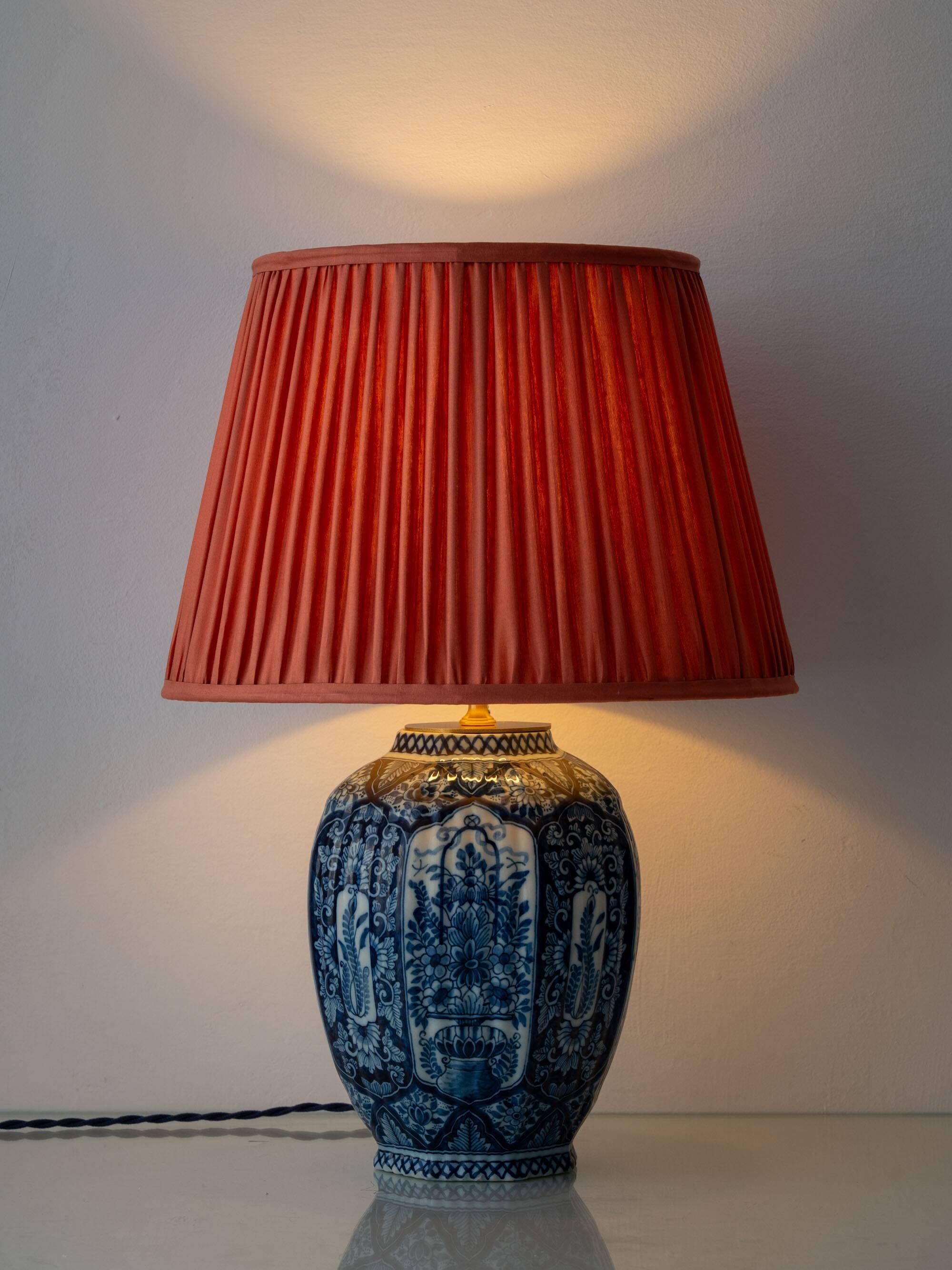 Dutch Chinoiserie Table Lamp, Blue and White Delft, by Makkum, with a New Coral Silk Shade