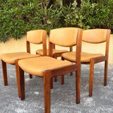 4 Scandinavian chairs in Baumann style, solid wood and beige leather, 1960.