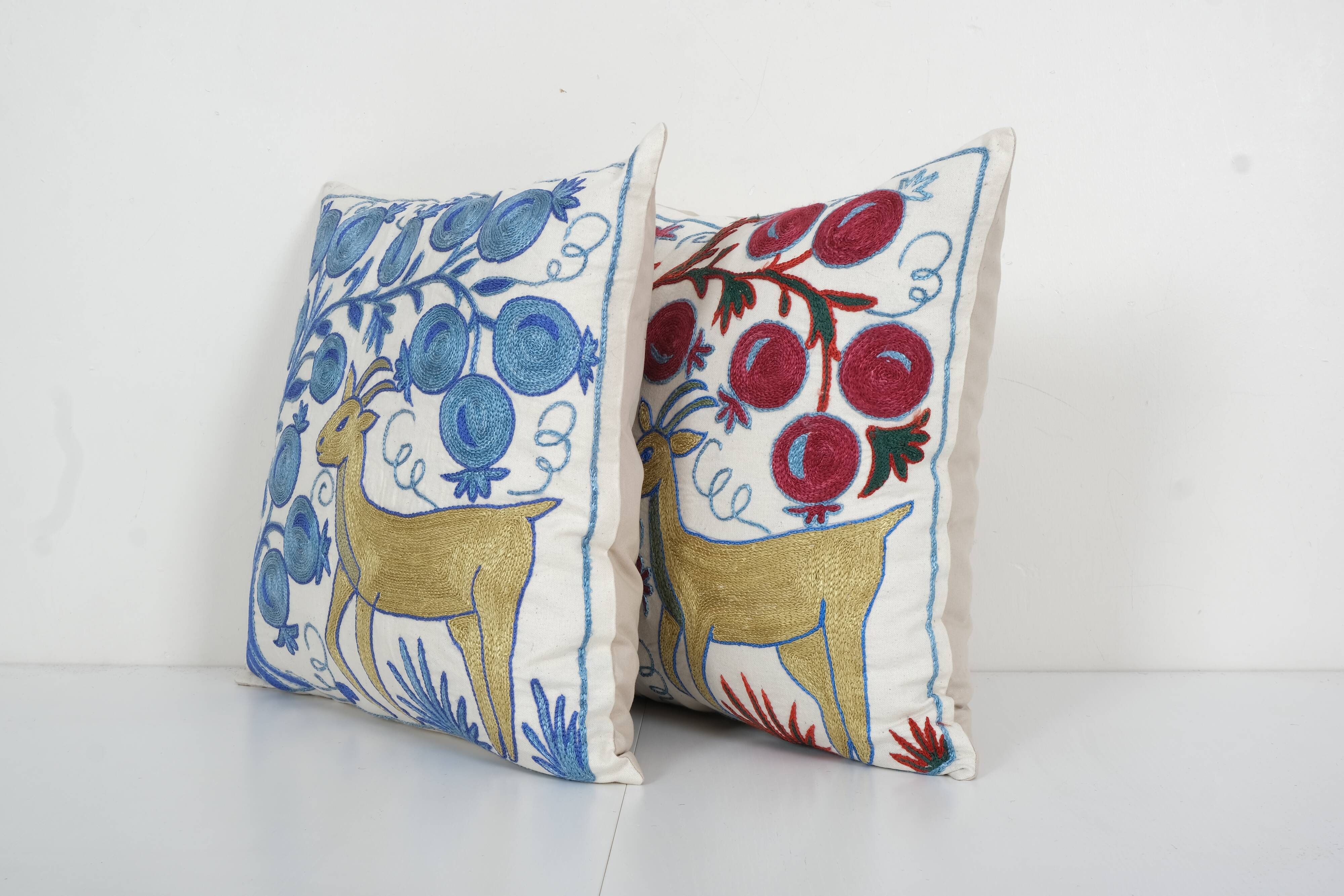 Uzbek Suzani Square Cushion Cover with Animal Motif, Tree of life Deer Pictorial Suzani Pillow Case