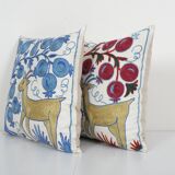 Uzbek Suzani Square Cushion Cover with Animal Motif, Tree of life Deer Pictorial Suzani Pillow Case