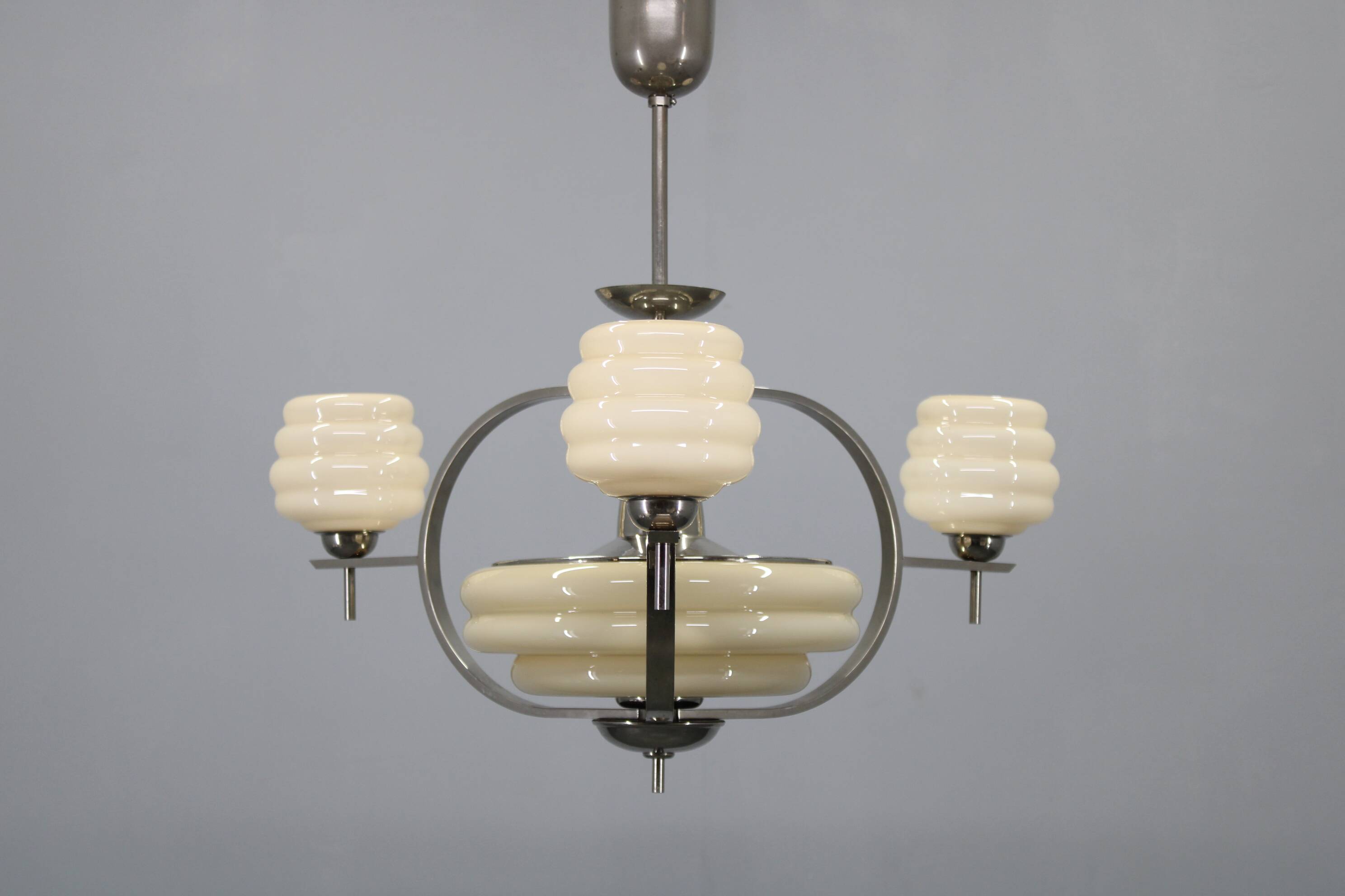 1930s Art Deco nickel and cream glass chandelier