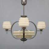 1930s Art Deco nickel and cream glass chandelier