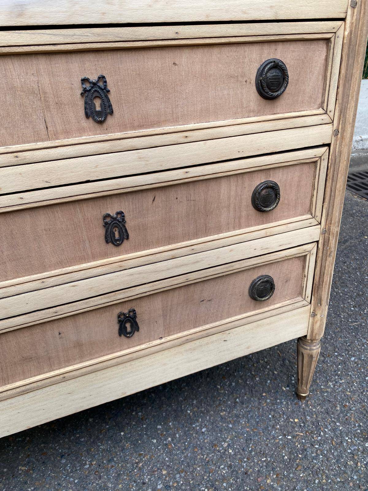 Secretary Louis XVI in stripped solid pine with a drop-down front and red leather, 1950.