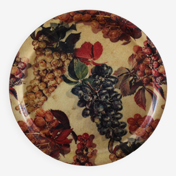 Large round vintage plastic tray with grapes