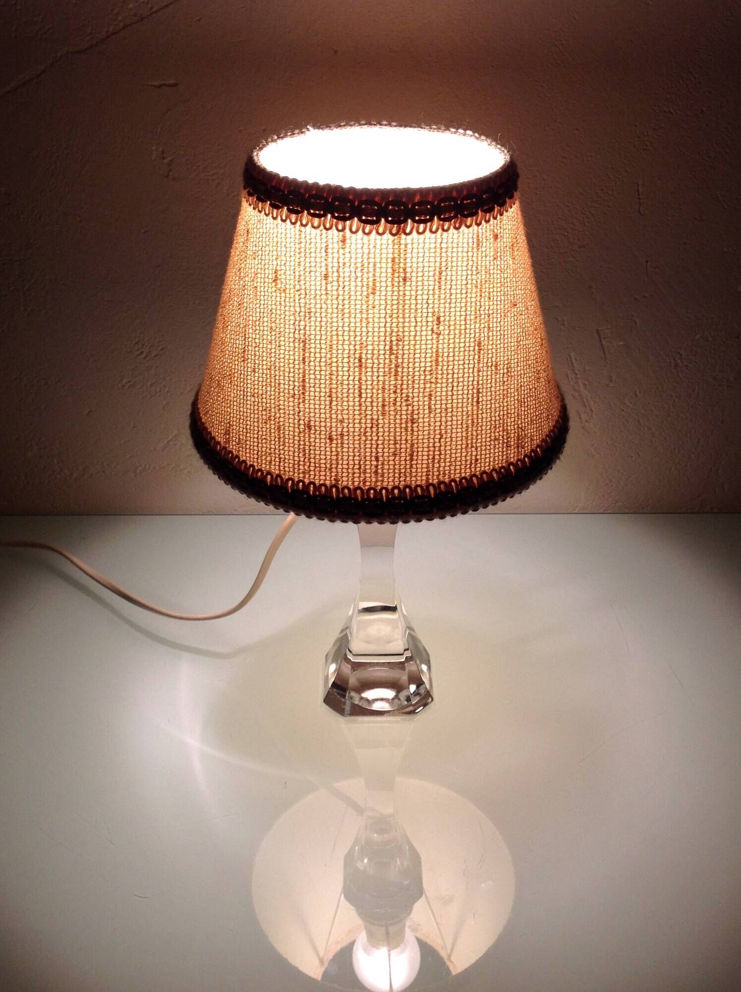 Bedside lamp with glass base and beige fabric lampshade / vintage 60s-70s