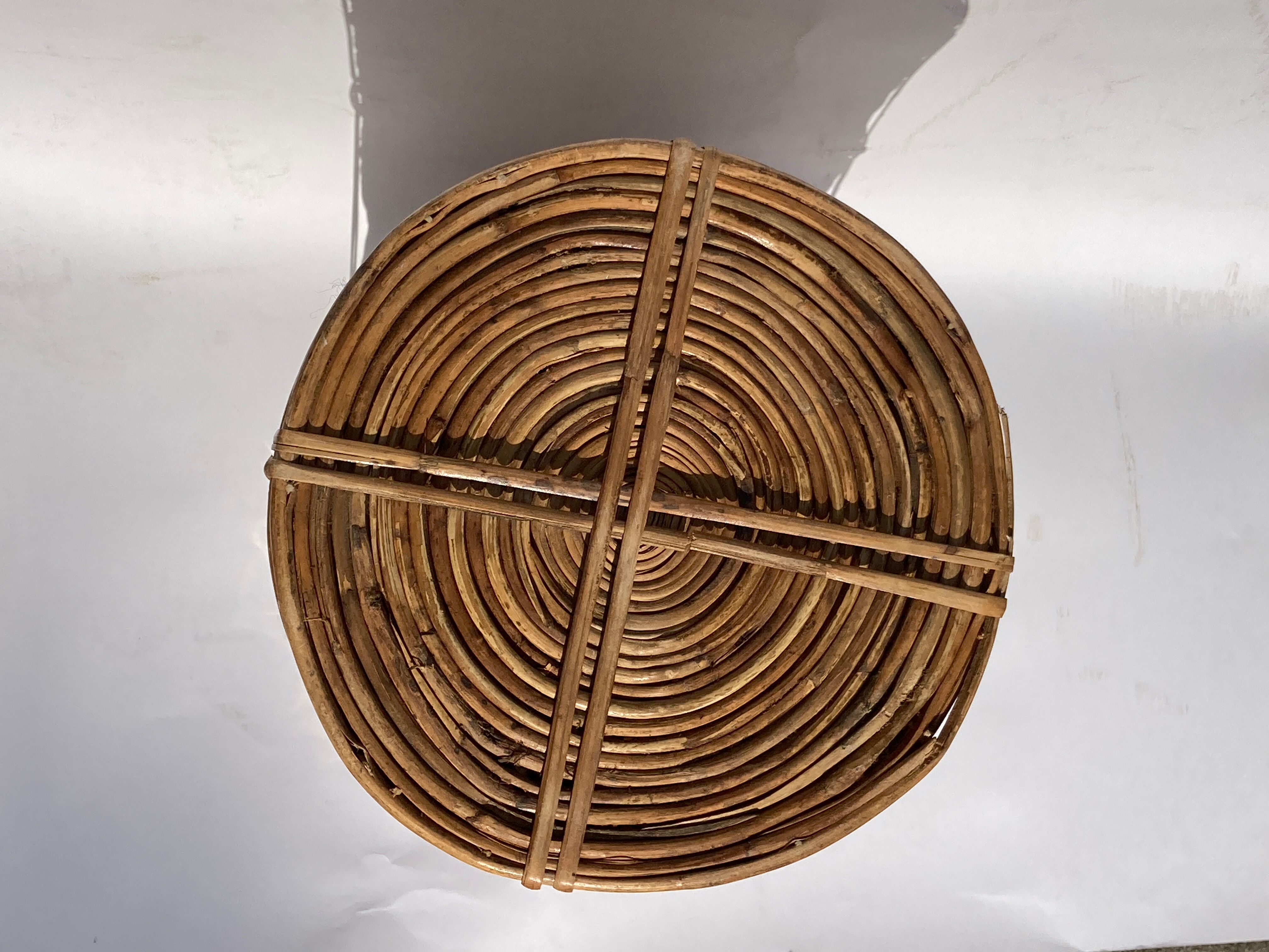 Midcentury rattan wicker and brass umbrella stand or basket