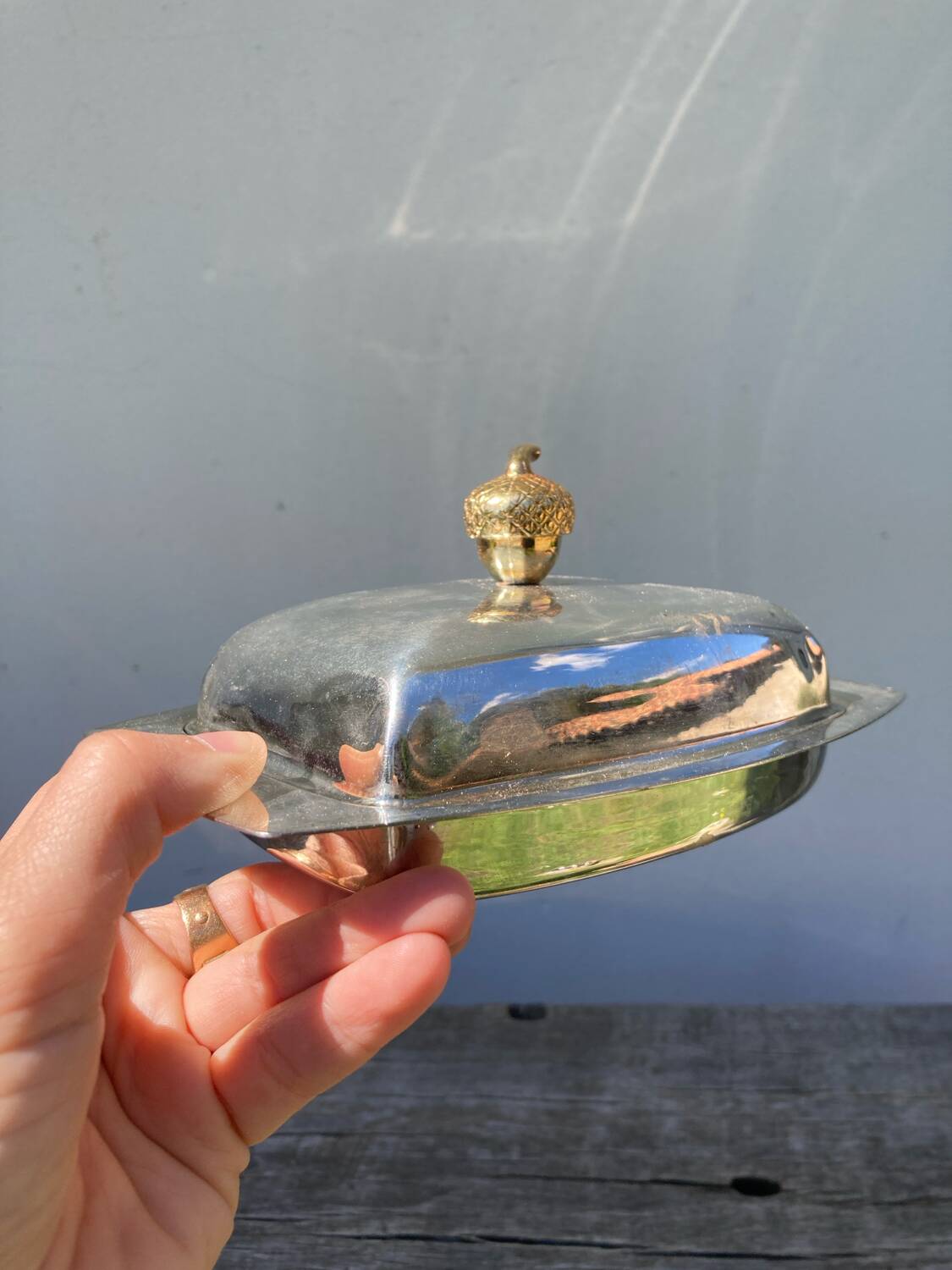Acorn silver metal butter dish