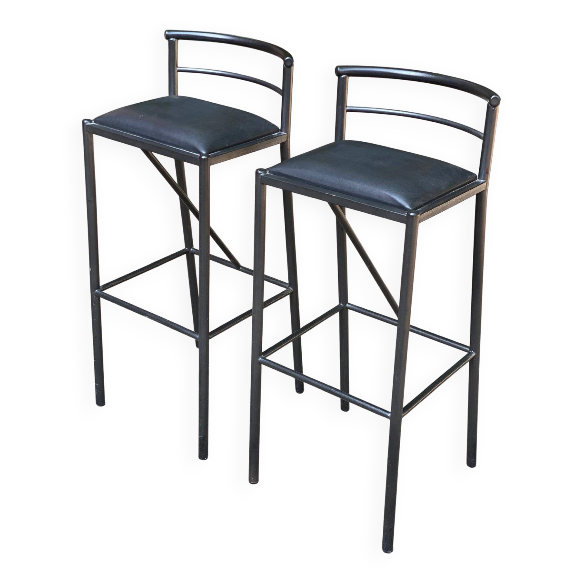 2 Italian Calligaris bar stools 1990 steel and black leather 80cm