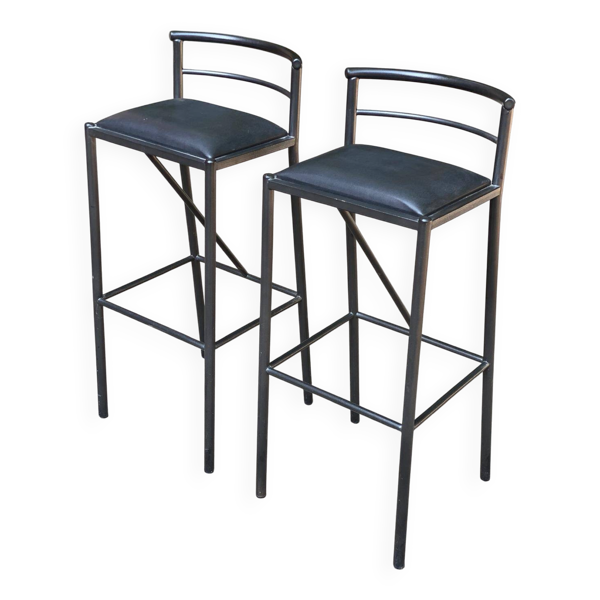 2 tabourets de bar italiens Calligaris 1990 acier et cuir noir 80cm