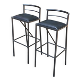 2 Italian Calligaris bar stools 1990 steel and black leather 80cm