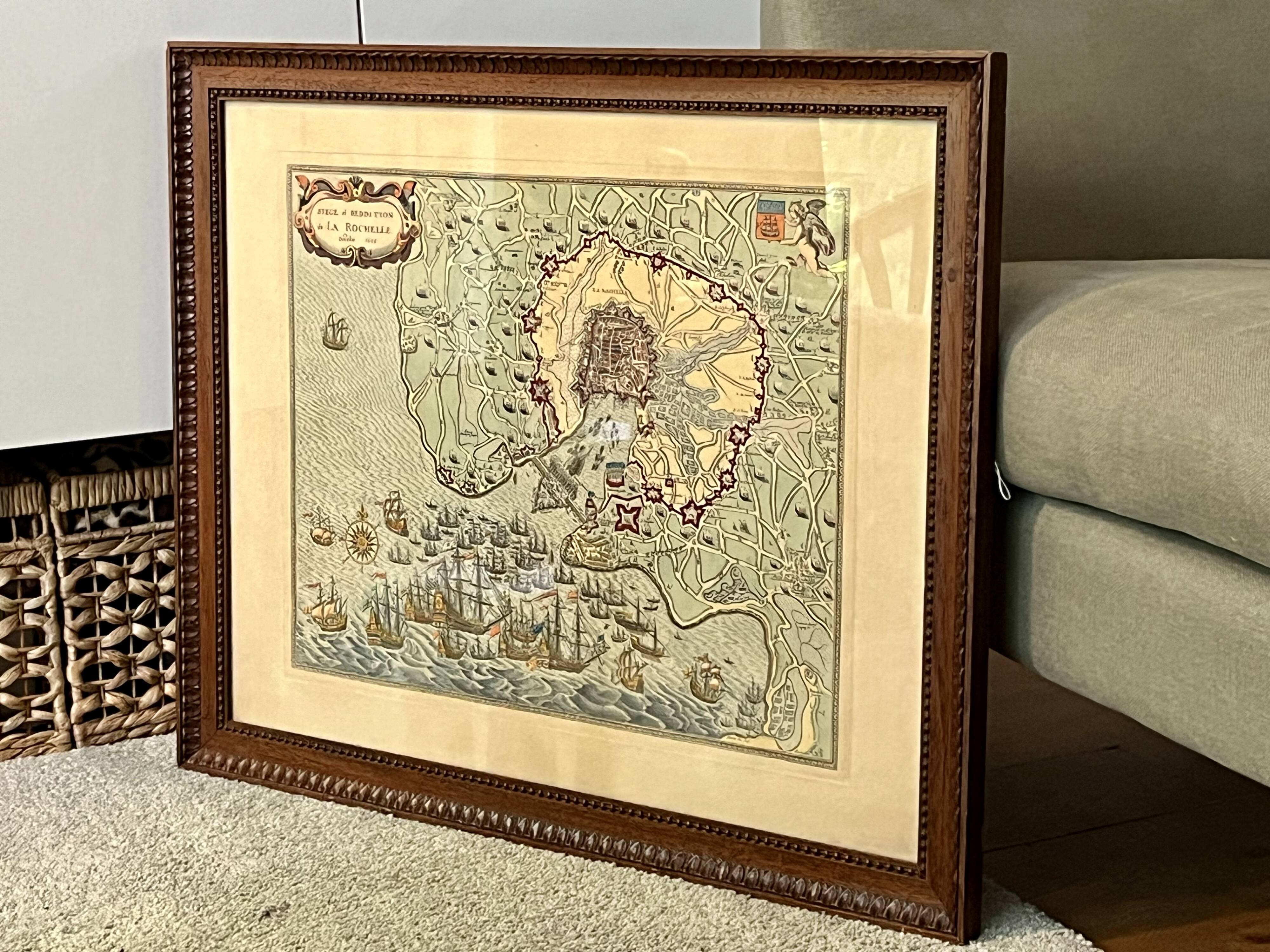 Engraving map siege & surrender La Rochelle -1628