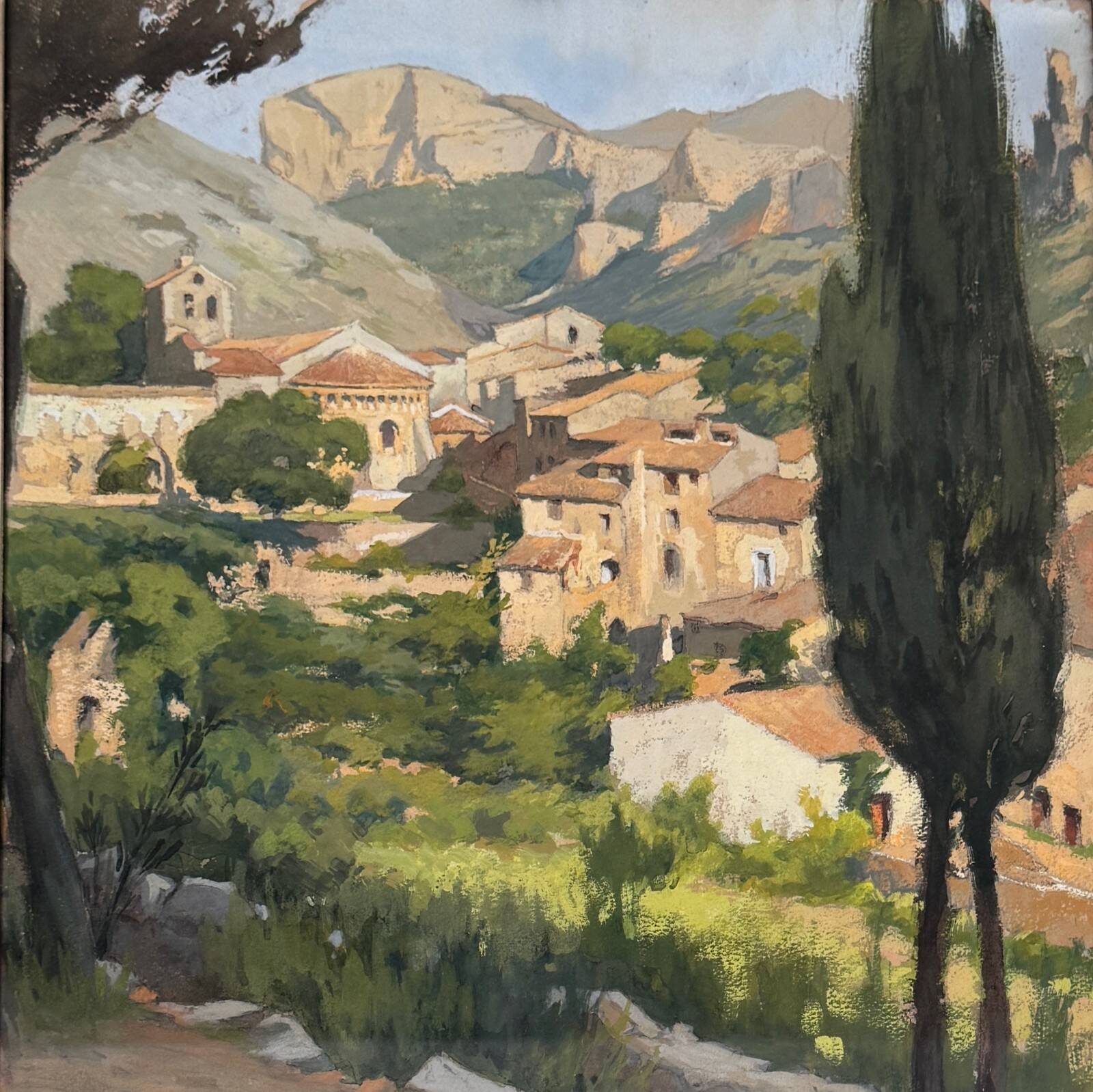 Watercolor on paper, Saint-Guilhem-le-Désert by Ch. Mazelin, 20th century