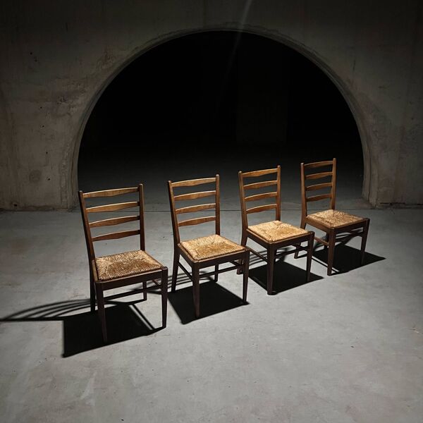 Lot de 4 chaises de salle à manger hollandaises en chêne et jonc, années 1950