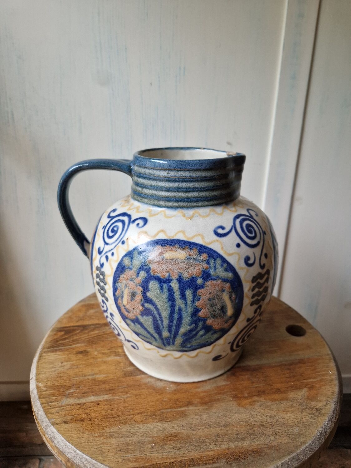 Antique ceramic pitcher jug elchinger fils alsace soufflenheim, art