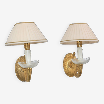 Pair of Twisted Gilt Bronze Wall Lamp & Pleated Lampshade