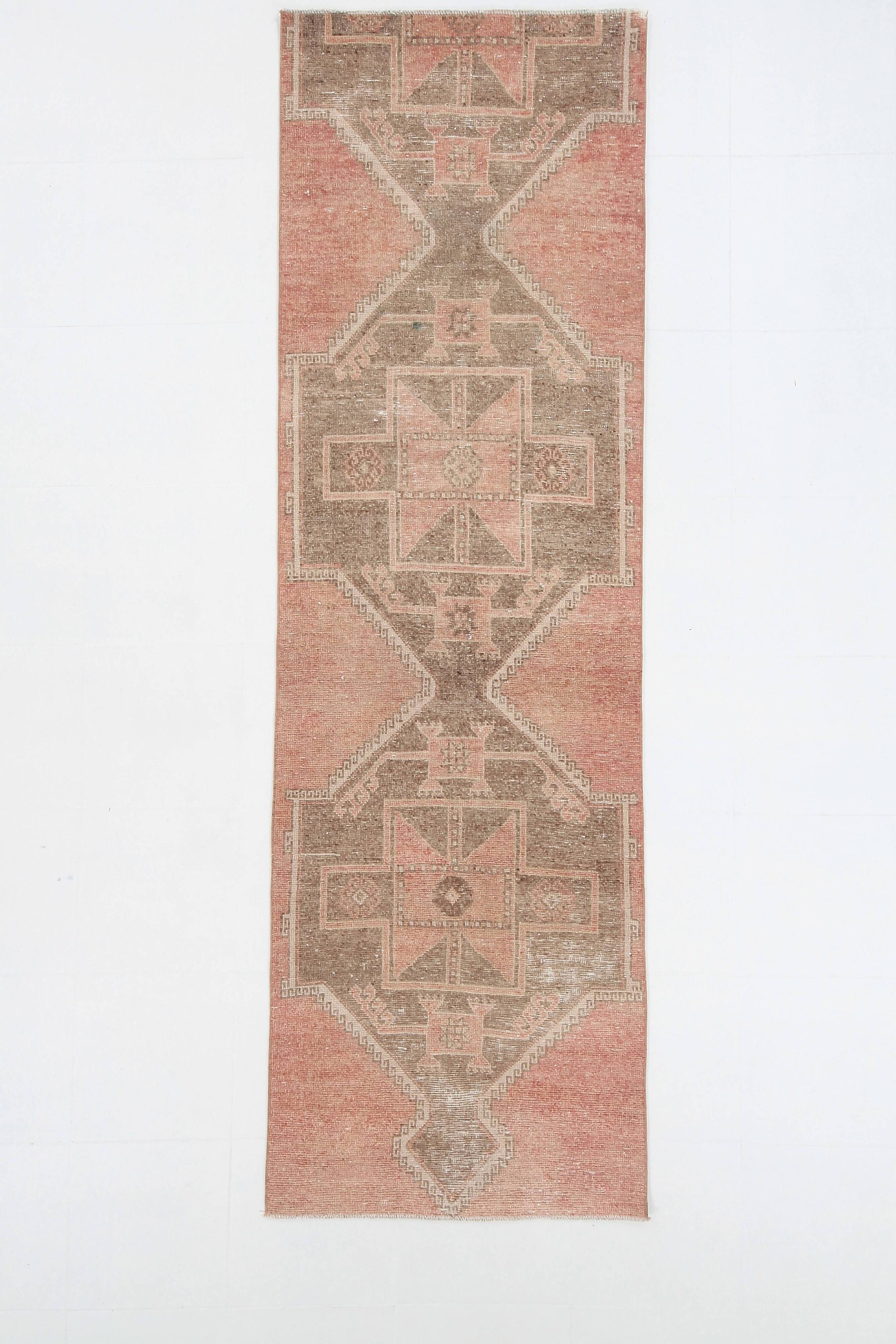 3x9 Vintage Pale Red & Brown Aesthetic Turkish Runner Rug, 91x291Cm