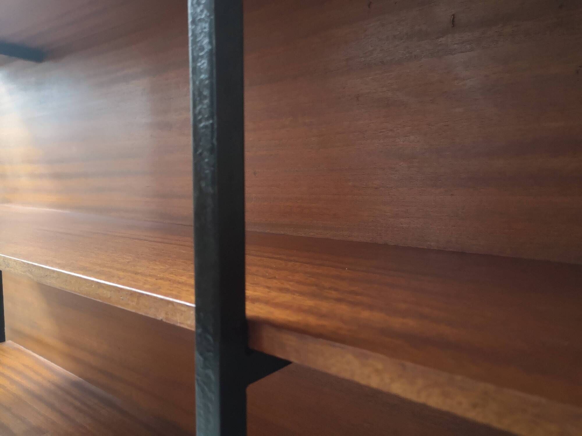 wall-mounted bookcase in wood and black metal, Scandinavian design 1970