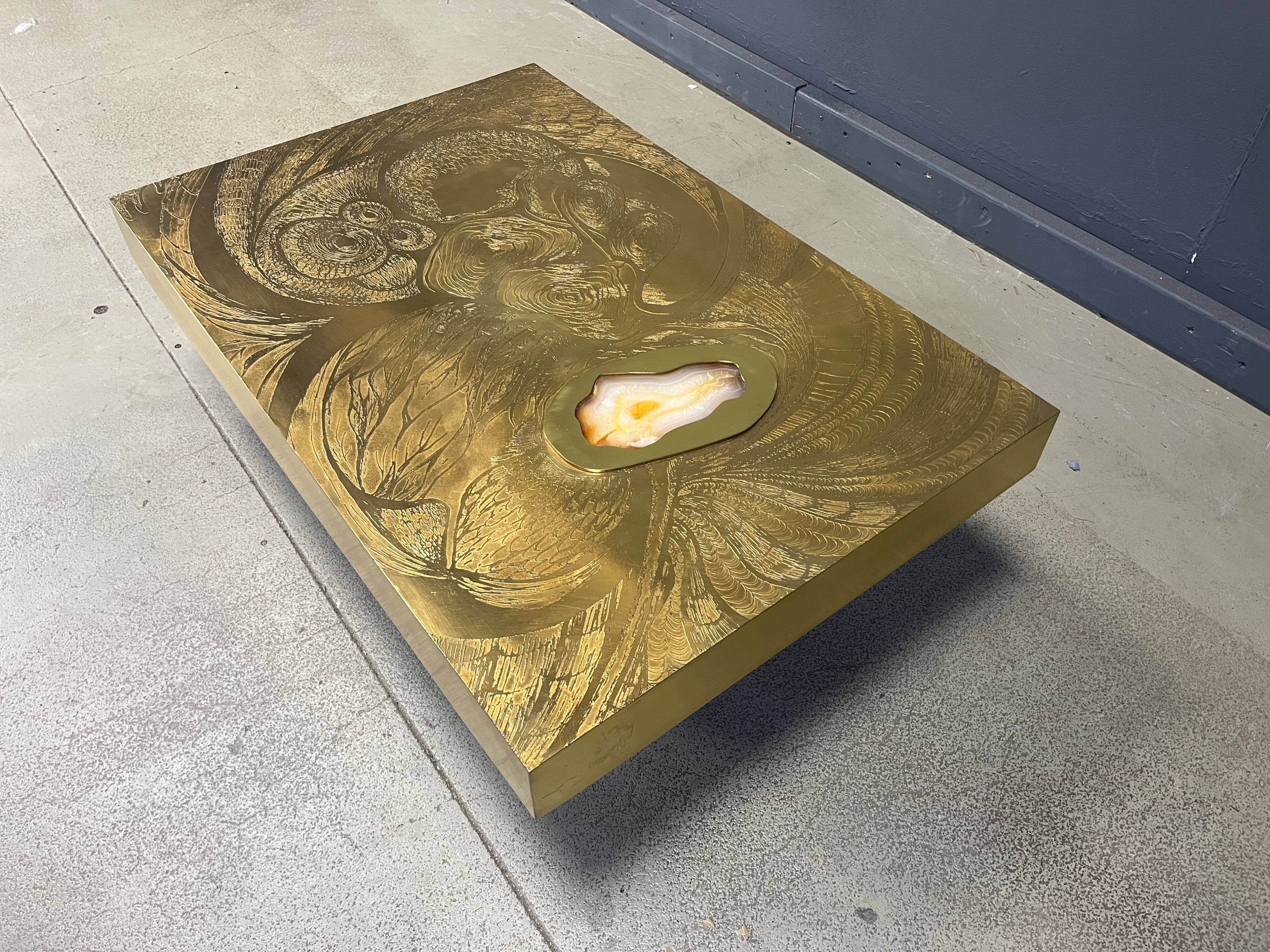 Etched brass and inlaid agate coffee table by Felix De Boussy, Belgium