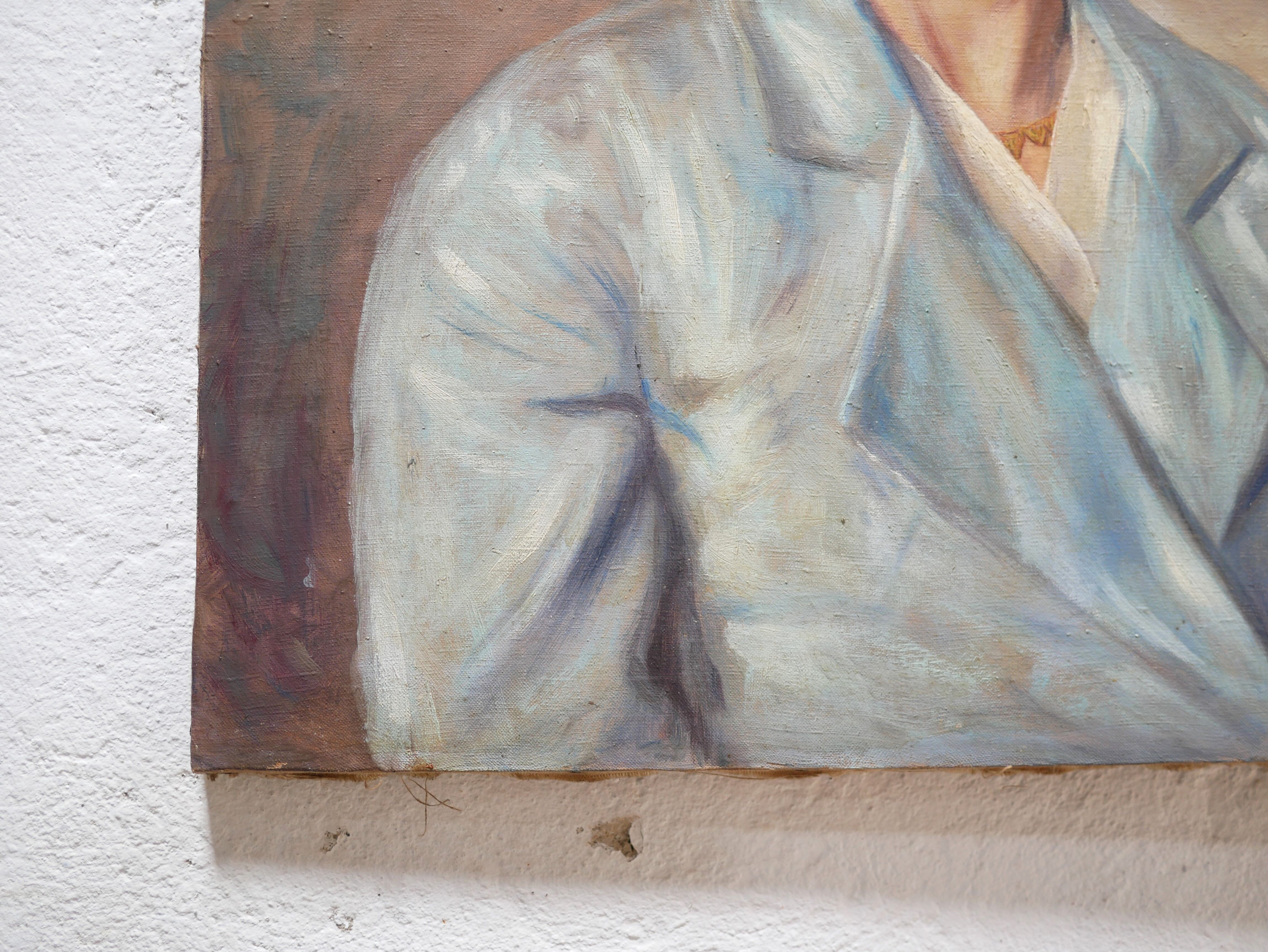 Portrait painting, Painting on old canvas signed Raymond Casez