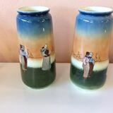 Pair of enamelled sandstone vases