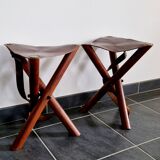 Set of teak and leather tripod stools