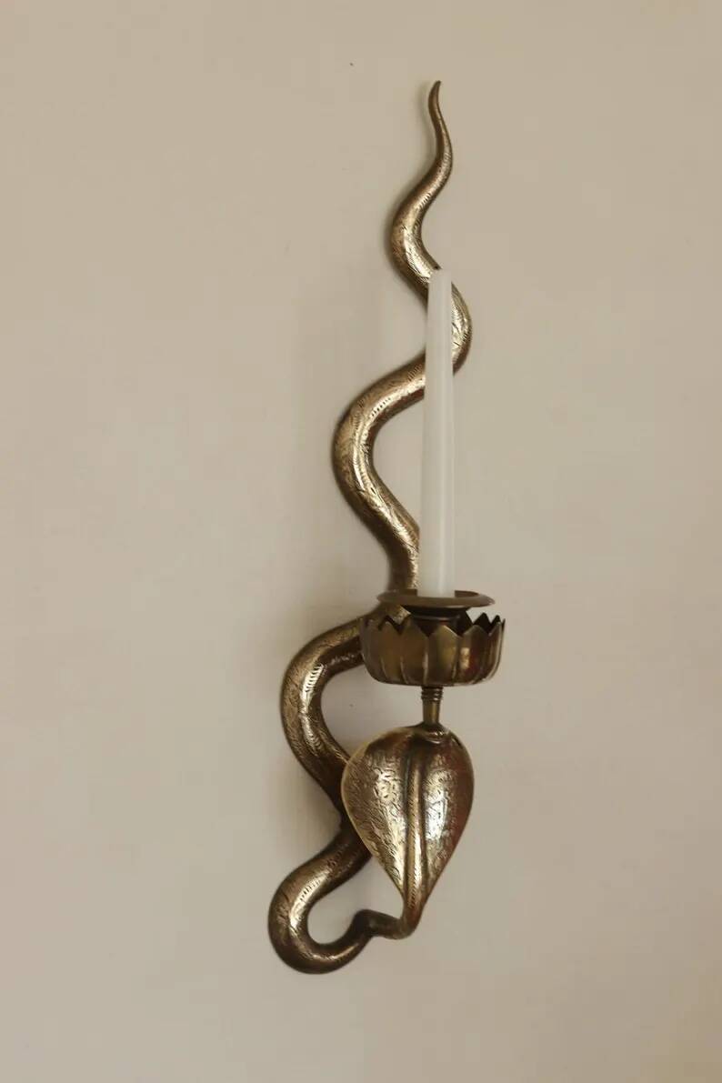 Pair of Egyptian Revival Style Engraved Brass Cobra Sconces