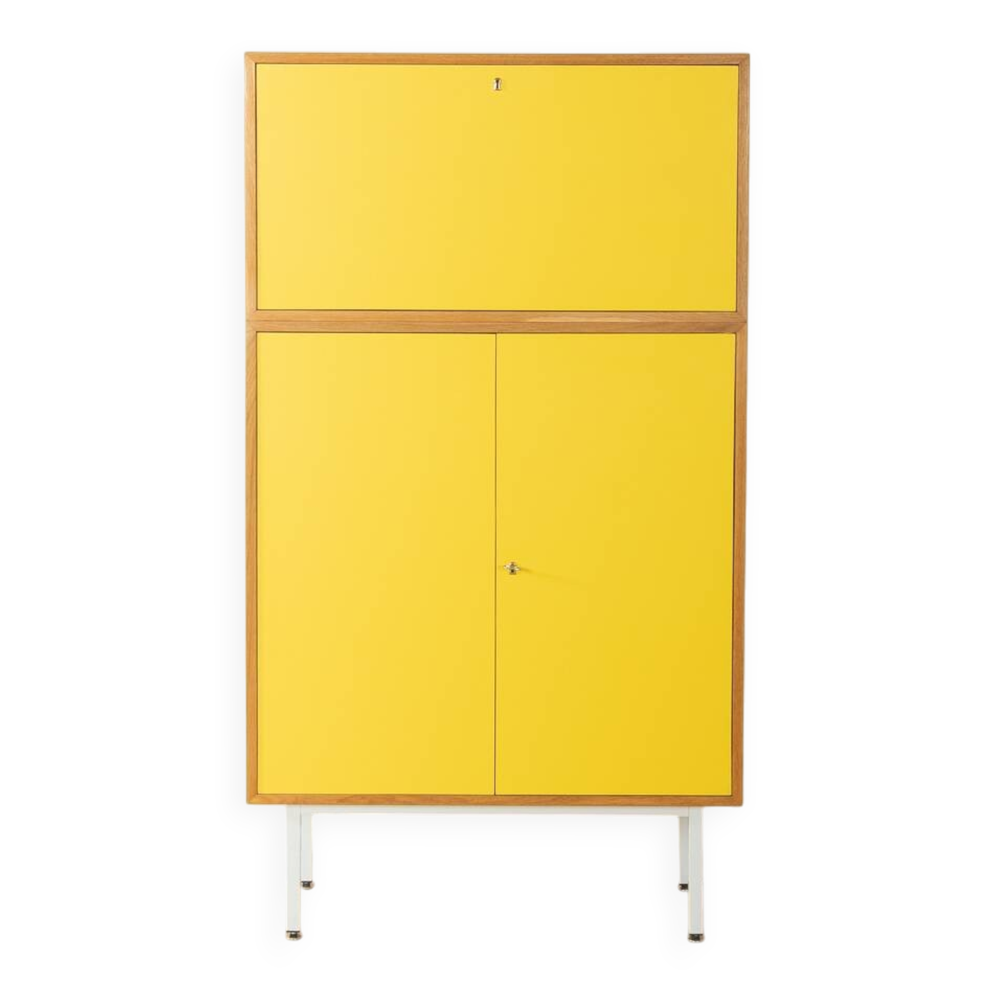 Classic sideboard from the 1960s, oak veneer, yellow Resopal, white steel feet