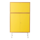 Classic sideboard from the 1960s, oak veneer, yellow Resopal, white steel feet