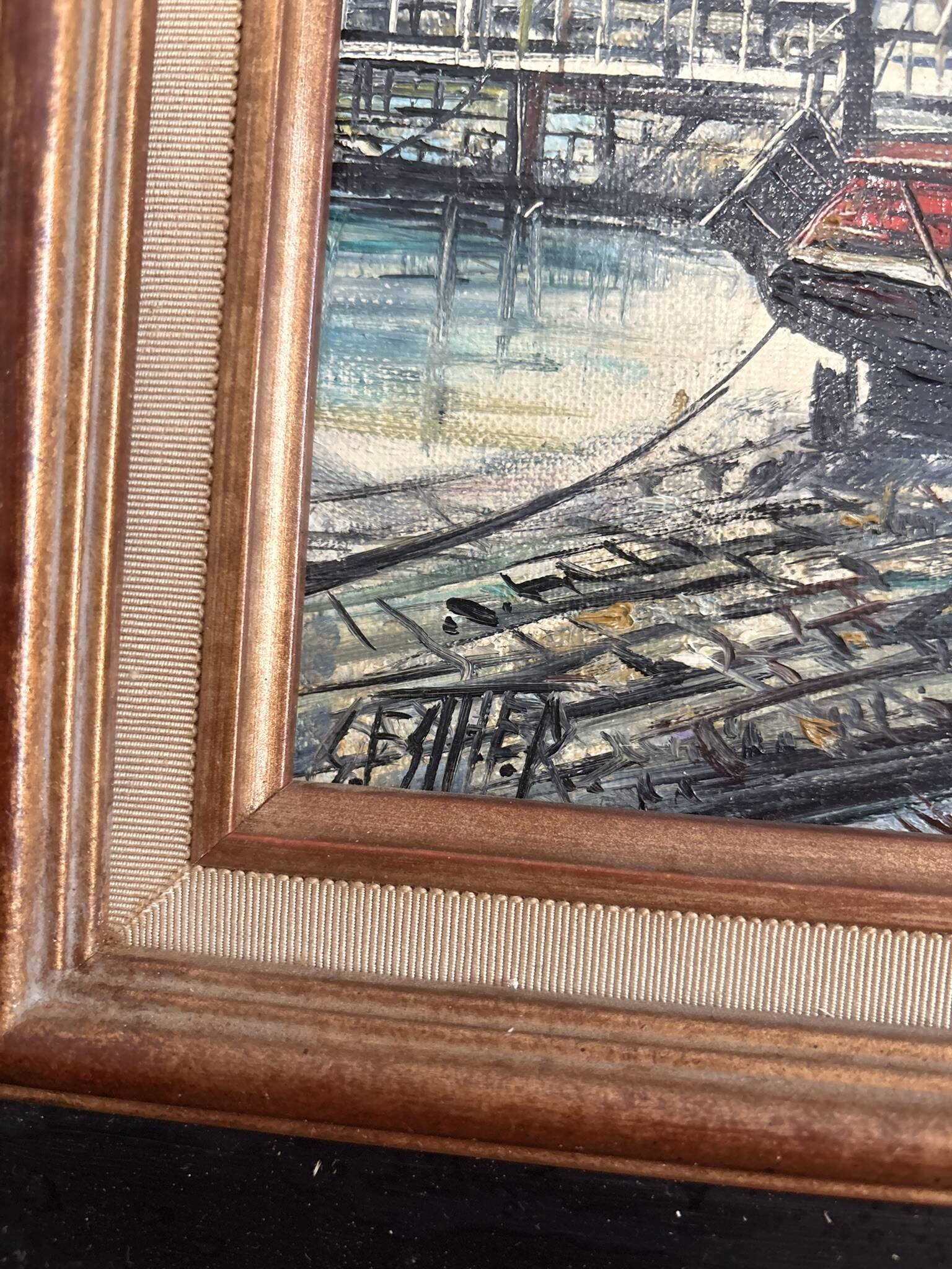Old Oil Painting Canvas Frame Montparnasse Boat Shipyards