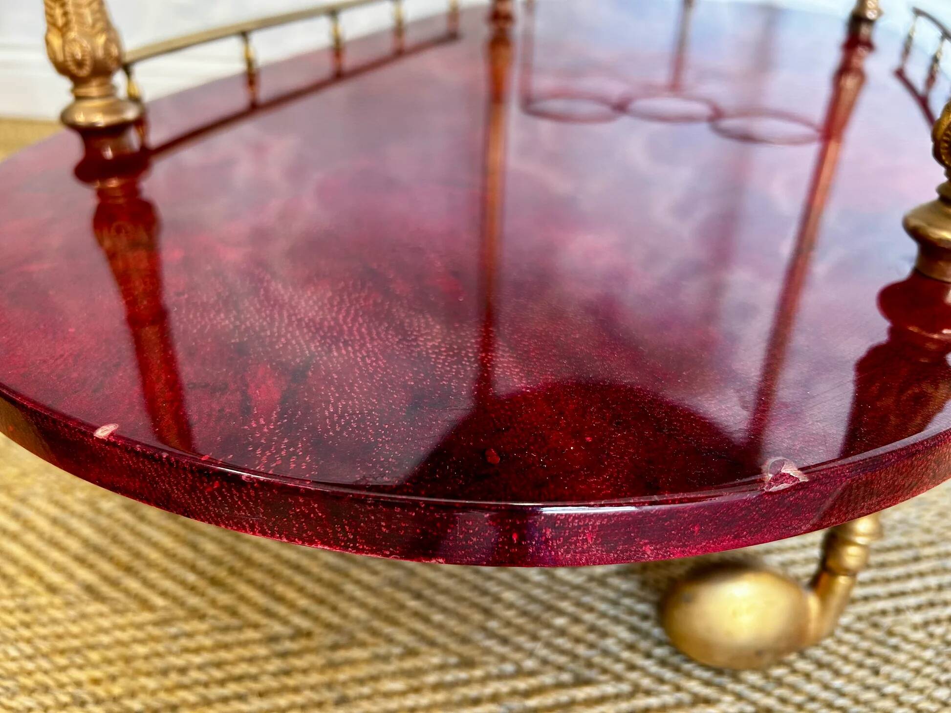 Cherry-red bar cart by Aldo Tura, Italy, 1960s, Hollywood Regency
