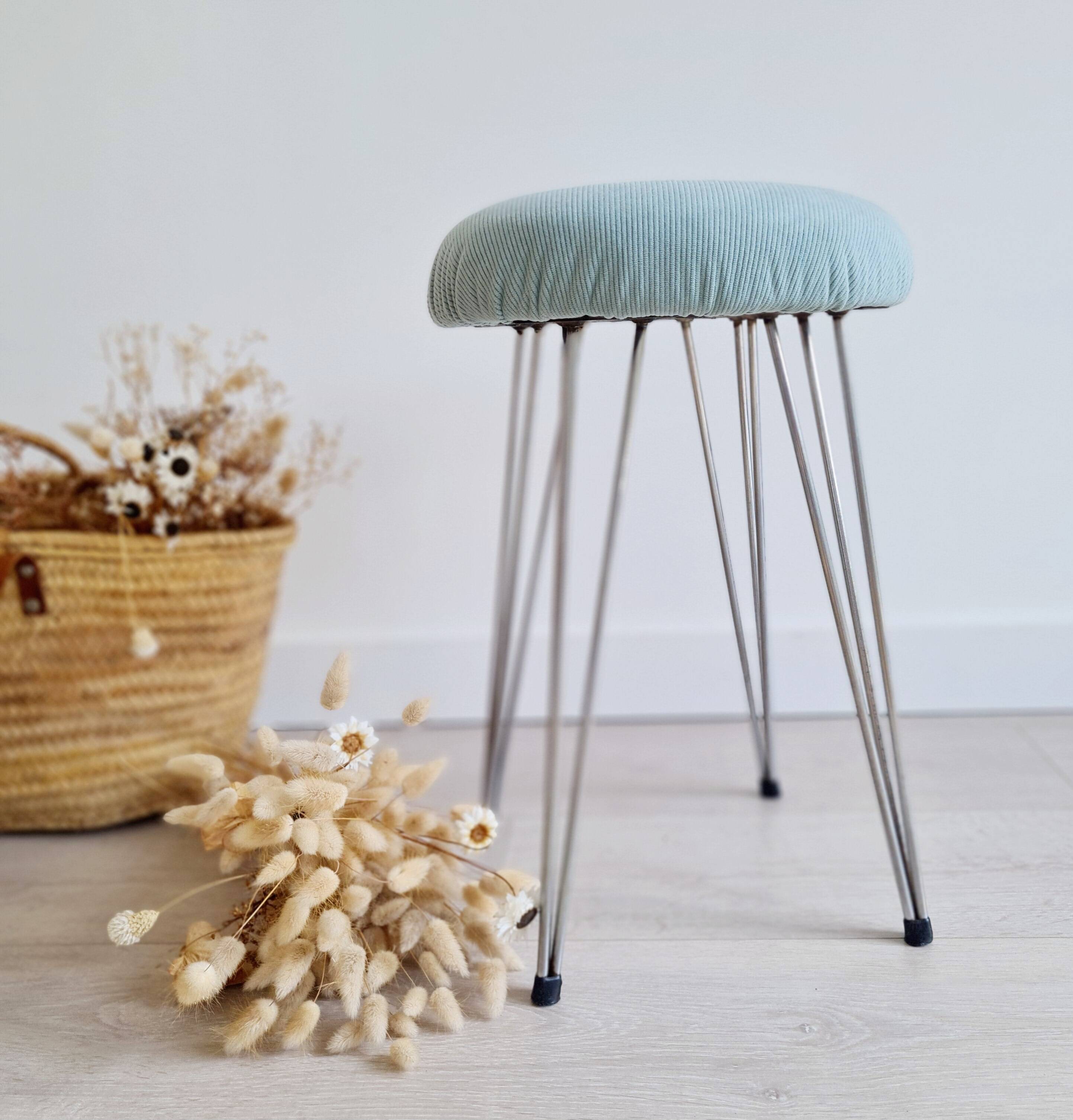 Vintage metal and blue velvet stool, 1960s.