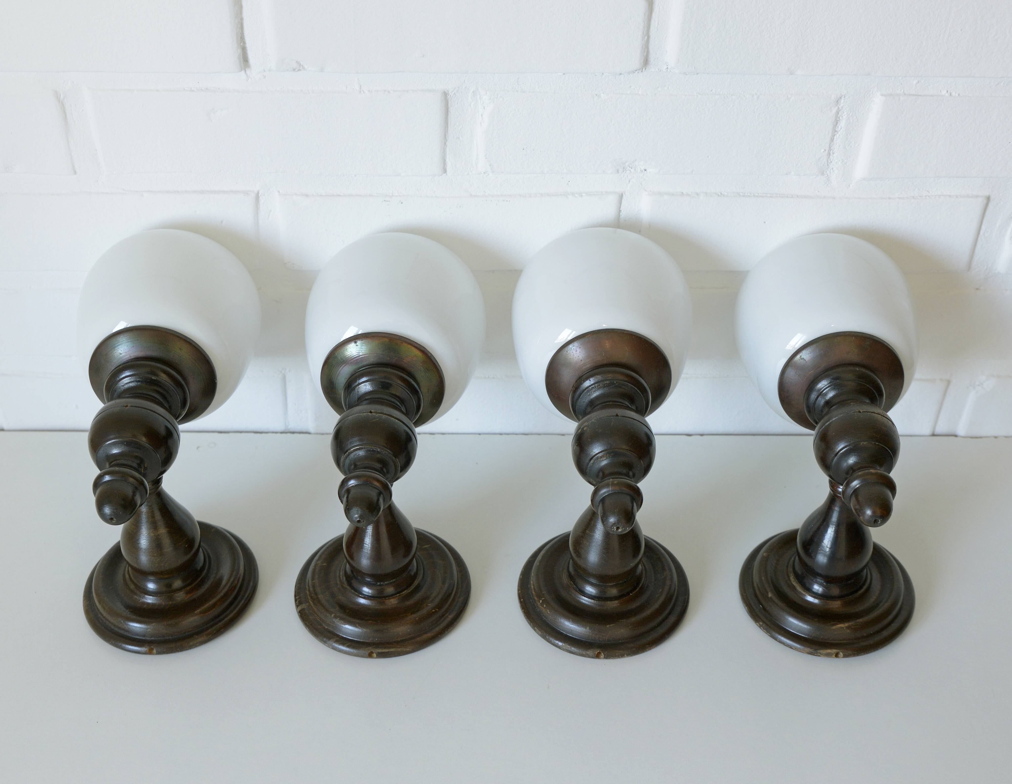 Set of 4 Vintage Lamps Wooden Wall Sconces Rustic Hand-turned Lighting