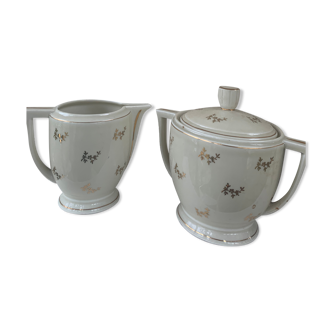 Sugar bowl and porcelain milk jar pattern golden flowers royal manufacture limoges vintage