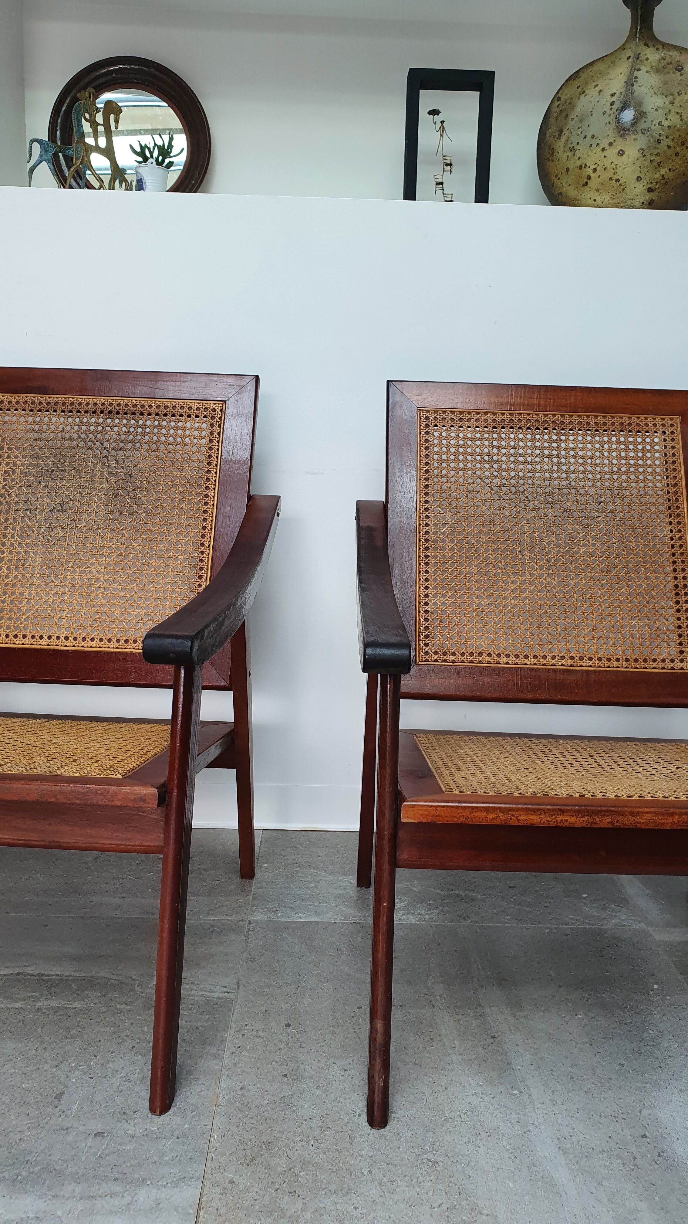Pair of armchairs in red teak and cannage